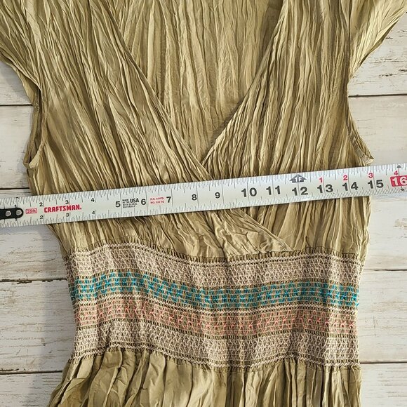 To the Max Green Silk Crinkle Dress Boho V-neck Midi Cottage Hippie Womens 6 - Picture 7 of 10